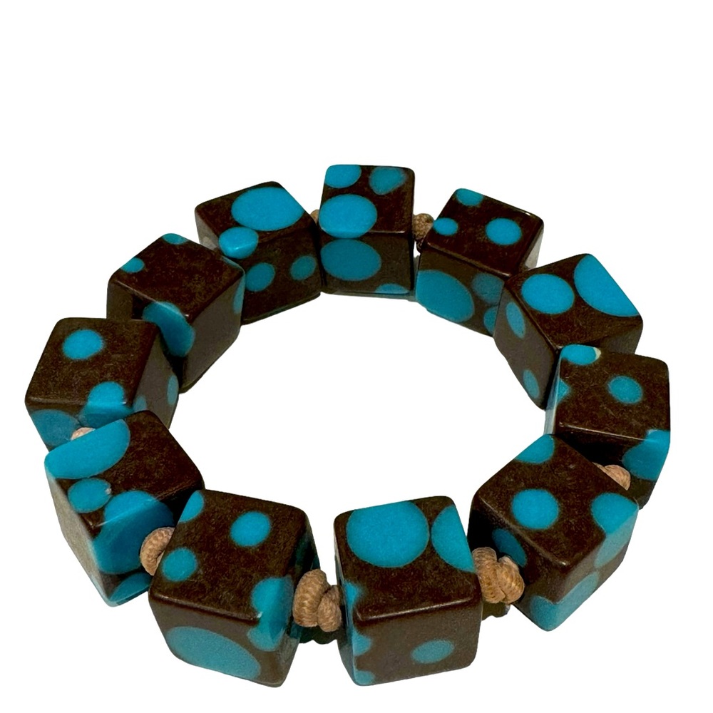 Brown and turquoise squares stretch bracelet. EUC